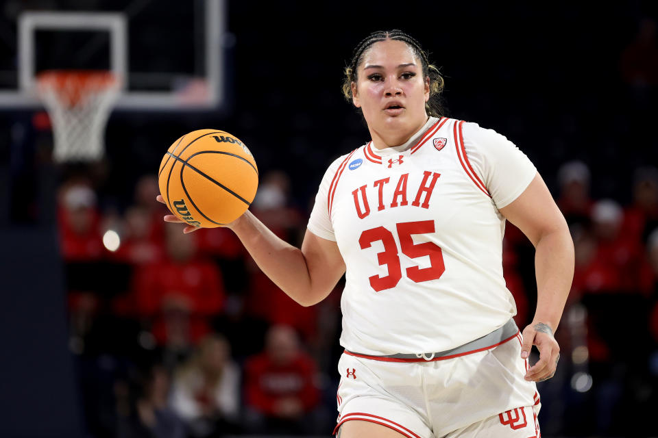 SPOKANE, WASHINGTON - MARCH 23: Alissa Pili #35 of the Utah Utes dribbles against the South Dakota State Jackrabbits in the first round of the NCAA Women's Basketball Tournament at McCarthey Athletic Center on March 23, 2024 in Spokane, Washington. (Photo by Steph Chambers/Getty Images)