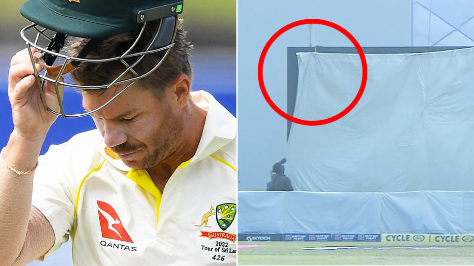 David Warner was clean bowled by a brilliant delivery from Sri Lanka's Kasun Rajitha, but some observers feel a dodgy sightscreen didn't help his cause. Pictures: Getty Images/Fox Cricket