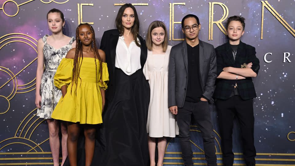 Angelina Jolie, third from left, and her children Shiloh, Zahara, Vivenne, Maddox and Knox at the London premiere of 'The Eternals' in 2021. - Karwai Tang/WireImage/Getty Images