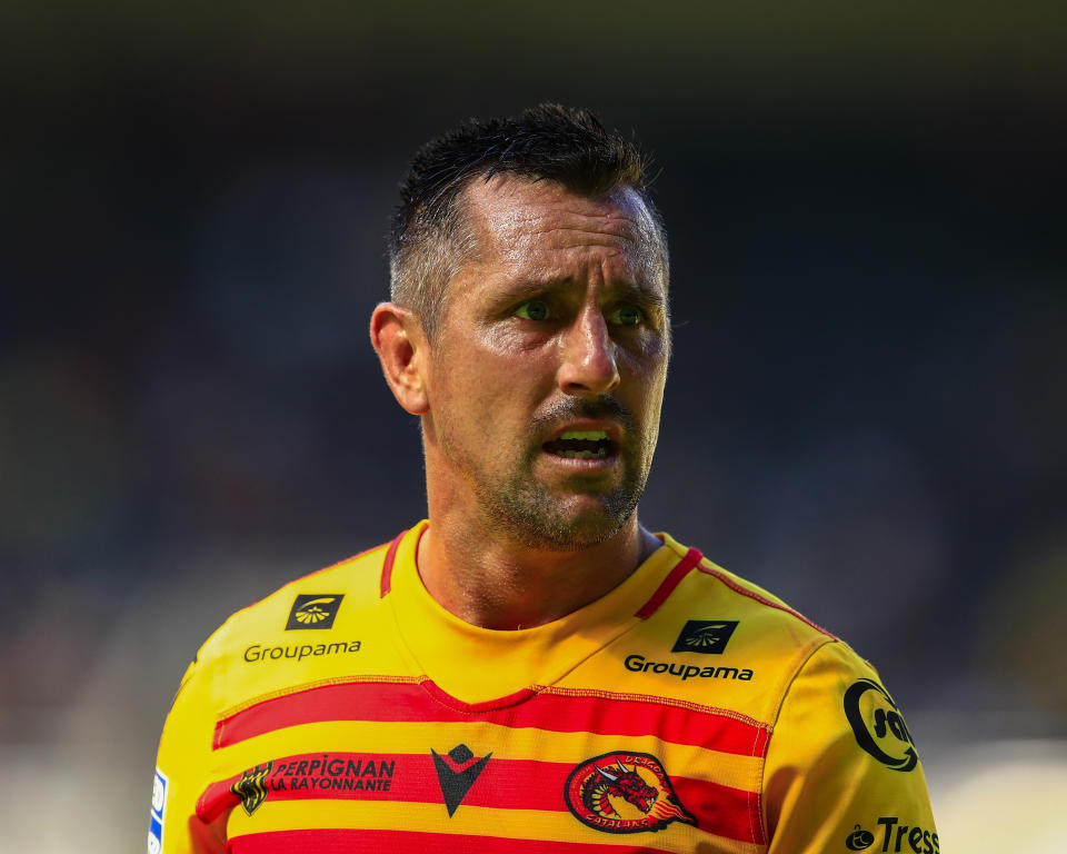 Mitchell Pearce reacts during a Super League match.