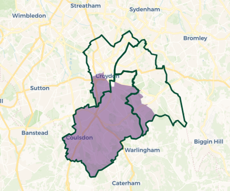 Croydon South constituency map: Purple shaded area old constituency boundary. Green outlines new constituency boundaries (© OpenStreetMap contributors | © CARTO)