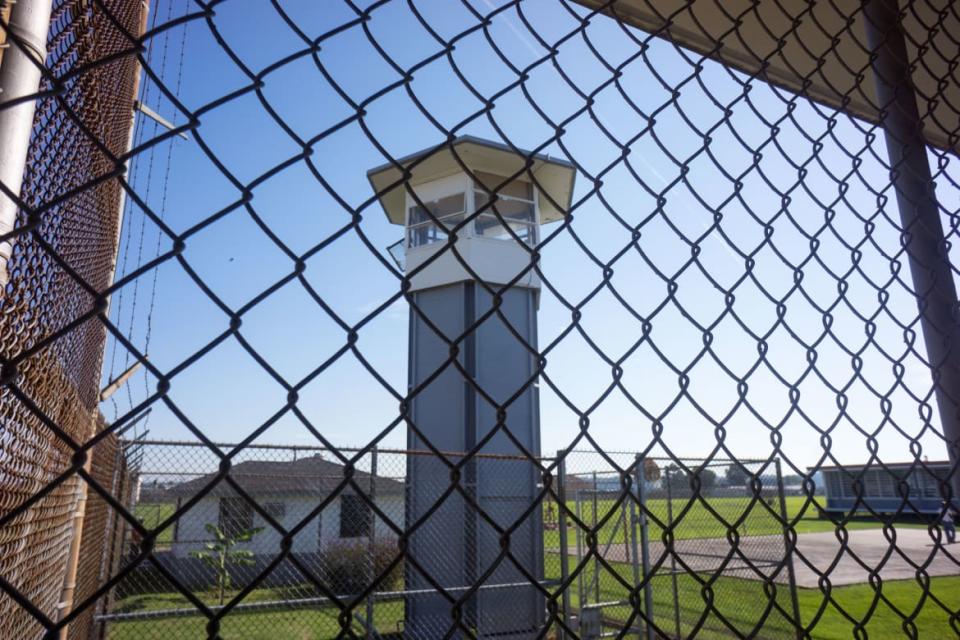 <div class="inline-image__caption"><p>Looking through a fence at a guard tower inside Angola Prison. </p></div> <div class="inline-image__credit">Giles Clarke/Getty</div>