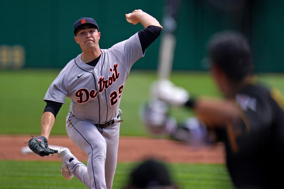 Detroit Tigers starting pitcher Tarik Skubal (29) delivers during the first inning of a baseball game against the Pittsburgh Pirates in Pittsburgh, Monday, Sept. 6, 2021.