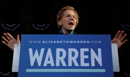 FILE PHOTO: U.S. Senator Elizabeth Warren speaks at a rally to launch her campaign for the 2020 Democratic presidential nomination in Lawrence