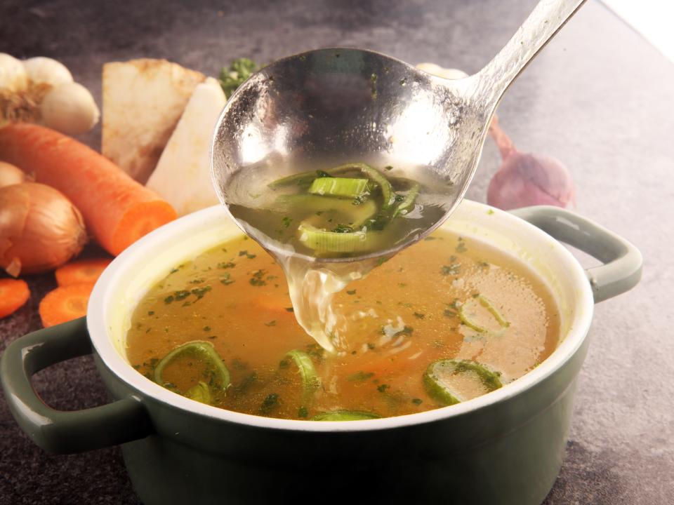 A pot of homemade vegetable broth.