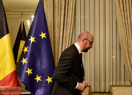 FILE PHOTO: Belgium's Prime Minister Charles Michel leaves after a news conference in Brussels, Belgium December 8, 2018. REUTERS/Eric Vidal/File Photo