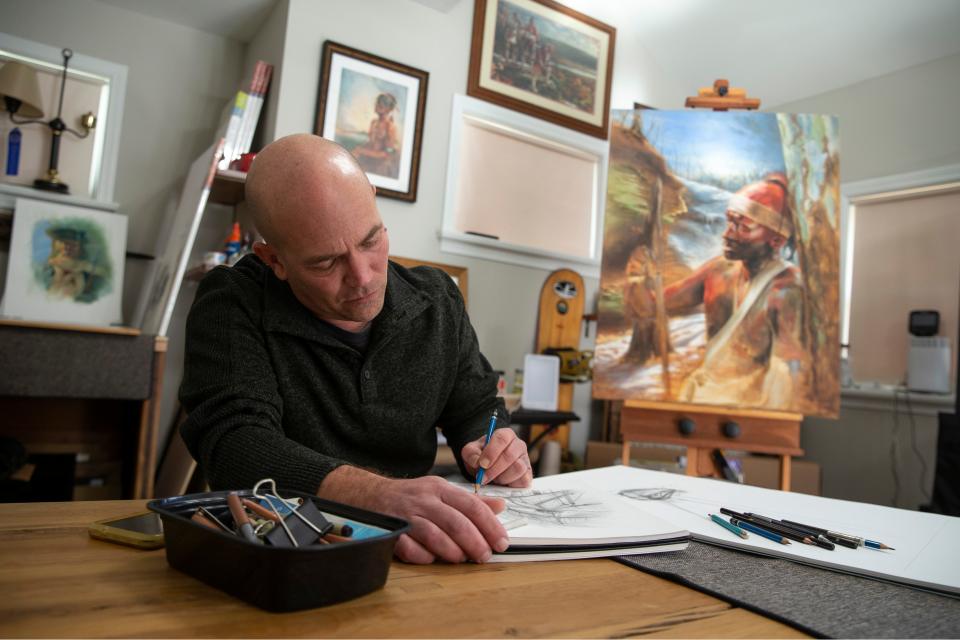 Artist Steve Schreiber of Toms River has been commissioned to paint the 1779 capture of a British privateering vessel by Middletown Militiamen off Sandy Hook. Schreiber works on a sketch for the project, putting down ideas of what it may become.   Toms River, NJFriday, February 3, 2023