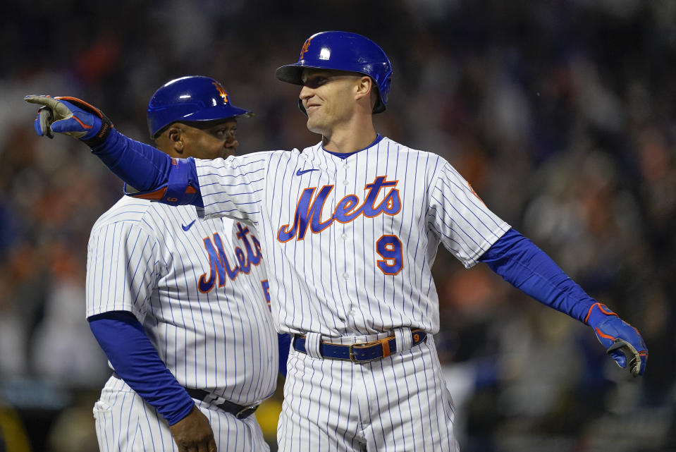 Brandon Nimmo reacts after driving in a run against the San Diego Padres during the NL Wild-Card Series on Oct.  8, 2022, in New York.  (AP Photo/John Minchillo)