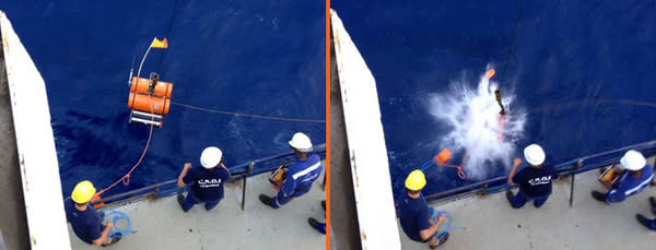 Researchers aboard the Marion Dufresne deploy the first seafloor seismometer of their expedition, as noted in a blog post on Sept. 30, 2012.