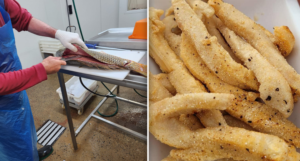 Left - a man filleting a carp inside Tracy's business. Right - carp prepared with salt and pepper.