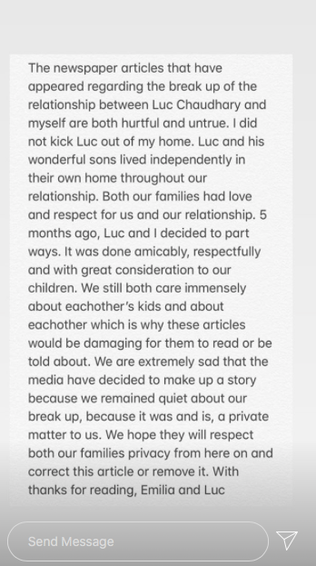 Emilia Fox confirms split from Luc Chaudhary on Instagram (credit: Emilia Fox/Instagram)