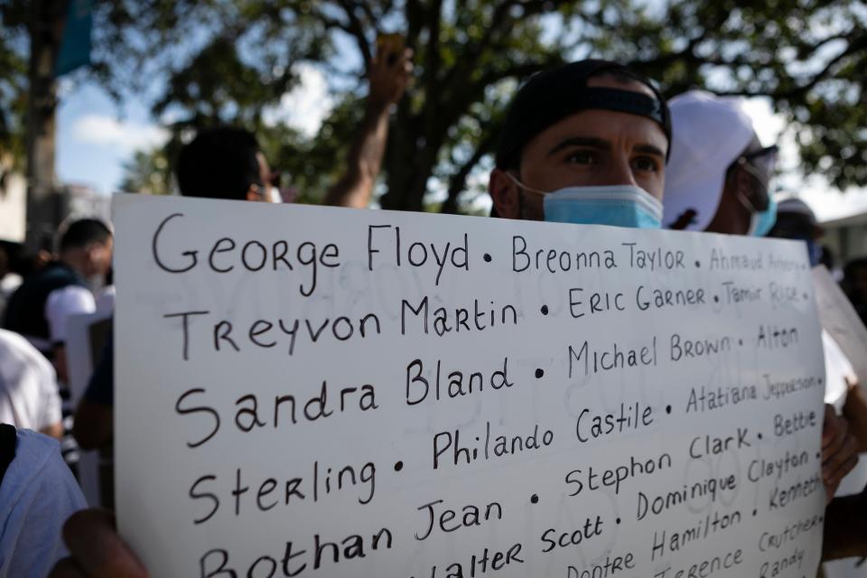 <i>A protester holds a sign with the names of victims of police brutality during a rally in Coral Gables, Florida, on May 30.</i>