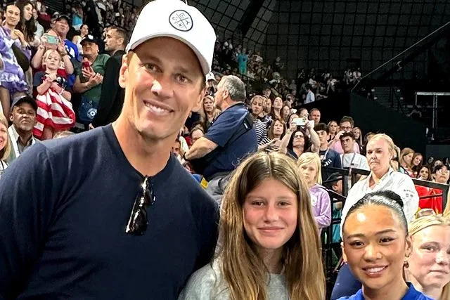 <p>Tom Brady/Instagram</p> Tom Brady with daughter Vivian and Suni Lee at Paris Olympics