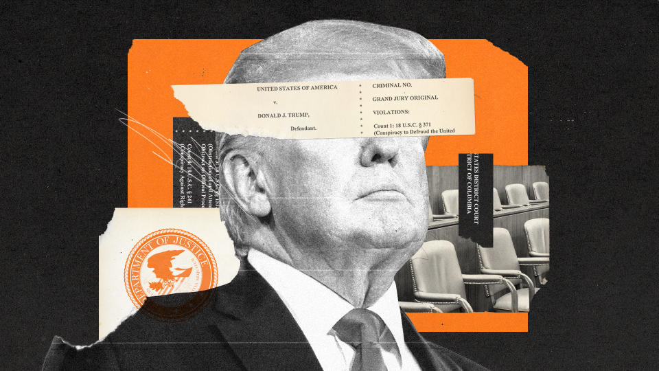Illustration of Donald Trump with the image of a courtroom behind him and the words of the indictment covering his eyes.