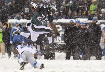 Former Eagles running back LeSean McCoy set a team record by rushing for 217 yards in a December 2013 game against the Detroit Lions during a snowstorm.