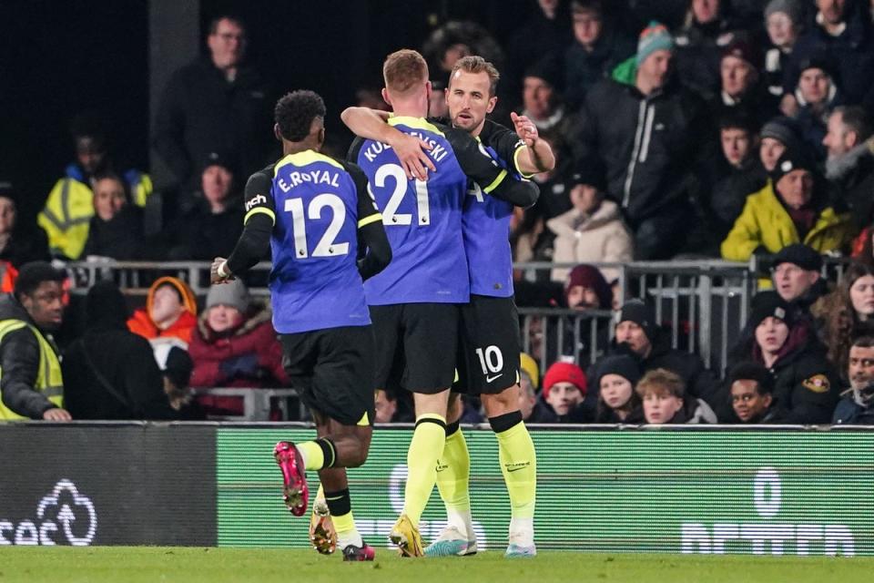 Harry Kane celebrates his 266th goal for Tottenham (Zac Goodwin/PA). (PA Wire)