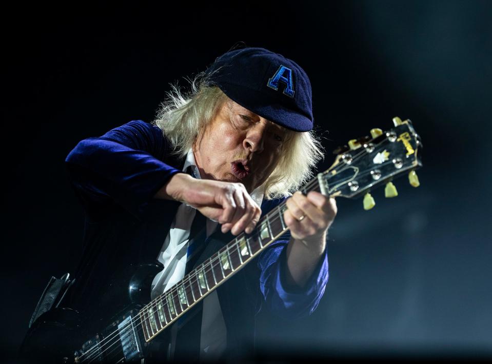 AC/DC lead guitarist Angus Young performs "Demon Fire" during the Power Trip Music Festival at the Empire Polo Club in Indio, Calif., Saturday, Oct. 7, 2023.