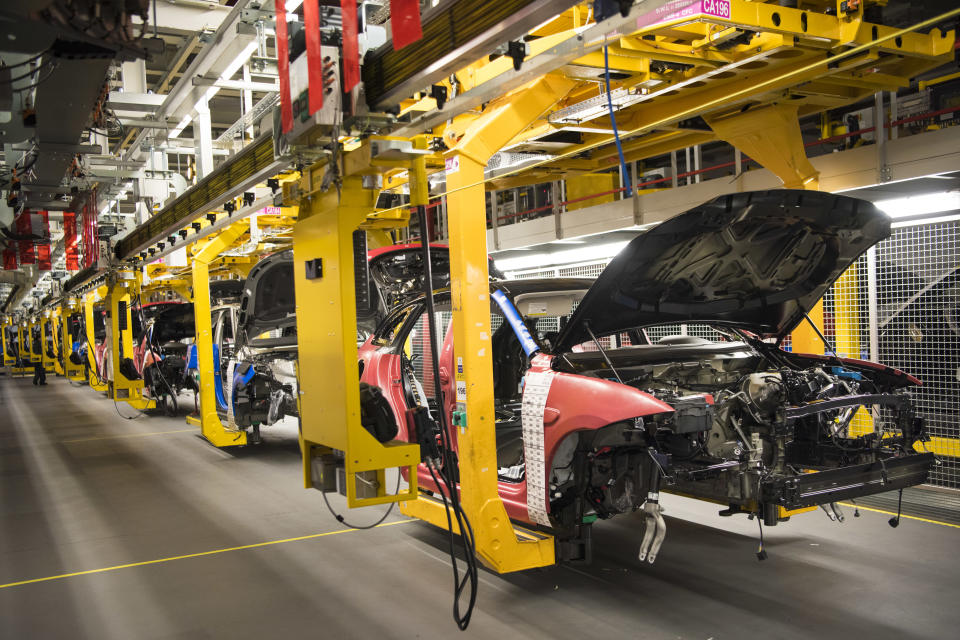 Cars on the Final Assembly line, part of Jaguar Land Rover's Advanced Manufacturing Facility in Solihull, Birmingham. Picture date: Wednesday March 15th, 2017. Photo credit should read: Matt Crossick/ EMPICS. The Final Assembly facility is the size of 12 football pitches, and sees the final assembly of Range Rover Sport, Range Rover Velar and Jaguar F-PACE cars. Jaguar Land Rover exports 80\% of cars produced in the UK, to over 136 markets worldwide. 