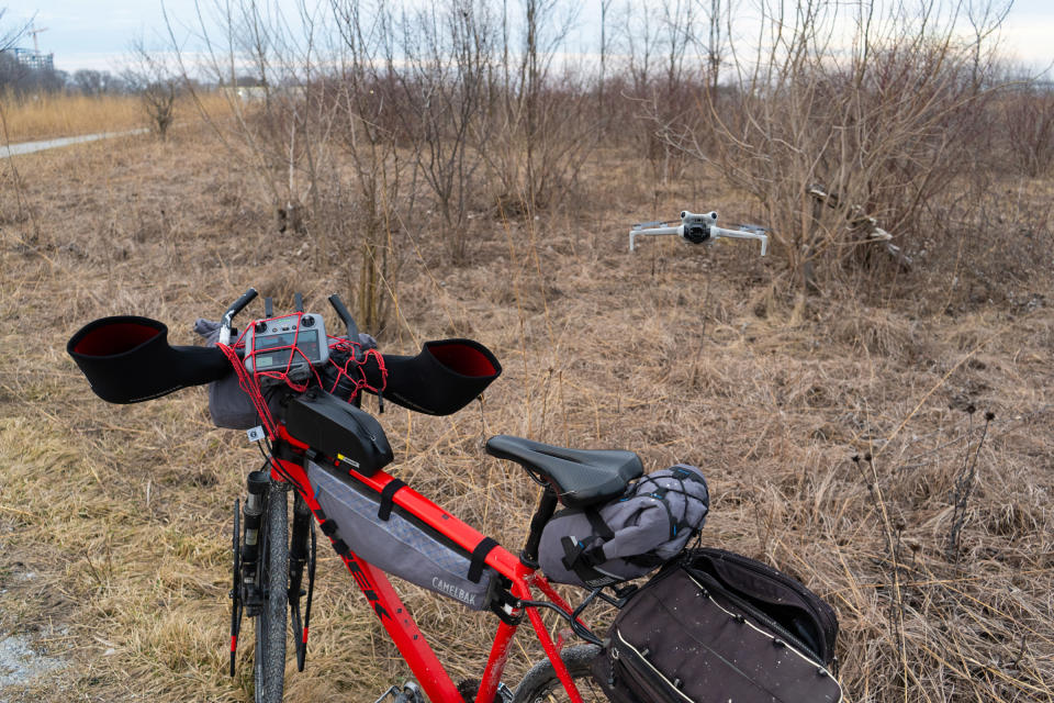 drone taking off during a bikepacking trip - drone law article