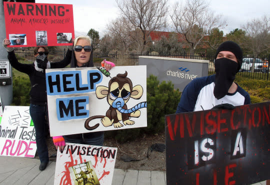 Animal activists protested against what they say is inhumane treatment of monkeys and other animals Friday, Dec. 14, 2012, outside the Charles River Laboratories research lab in Reno, Nev. The rally organized by Reno Vegans was in support of efforts by the Ohio-based Stop Animal Exploitation Now to fine the giant laboratory researcher nearly $200,000 after the firm reported that four more monkeys have died in its testing labs in Nevada and elsewhere the past three years. (Photo/Scott Sonner/AP)