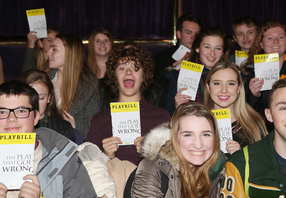 <p>The <em>Stranger Things</em> star hit the Great White Way on Wednesday with his high school drama class. The students posed for a photo in the audience of the the hit show <em>The Play That Goes Wrong </em>on Broadway at The Lyceum Theatre. (Photo: Bruce Glikas/Bruce Glikas/FilmMagic) </p>