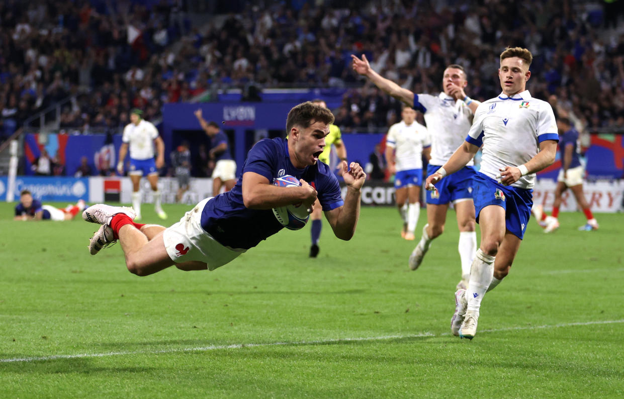 France’s Damien Penaud leads all players with six tries (similar to a touchdown). (Michael Steele/World Rugby via Getty Images)