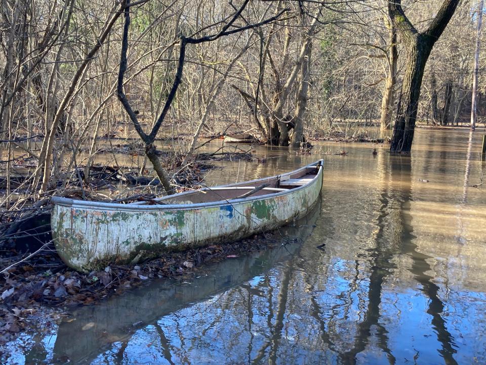 A canoe washed down the Neshaminy Creek sits in a tangle of trees and branches along Periwinkle Avenue in Middletown on Wednesday Jan. 10, 2024.