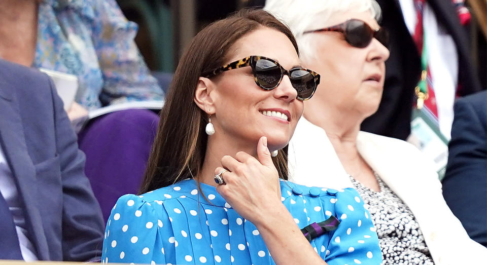 The Duchess of Cambridge arrived at the Royal Box on Centre Court to watch the men's singles quarter final matches at the tennis championships. (Getty Images)