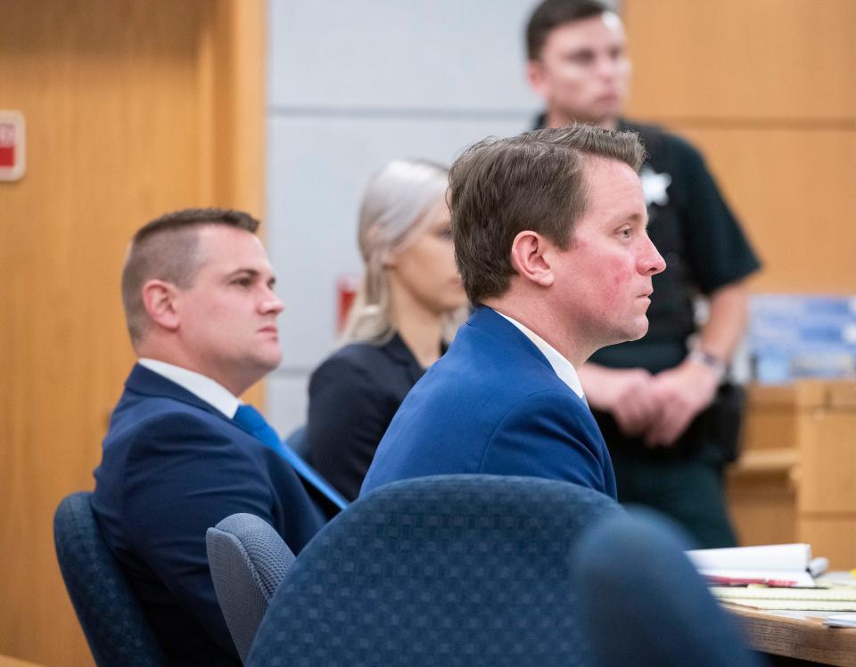 Stefan Gislason sits in the courtroom of Circuit Judge John Simon on Tuesday. Gislason is on trial in the homicide of Dillon Shanks in 2020.