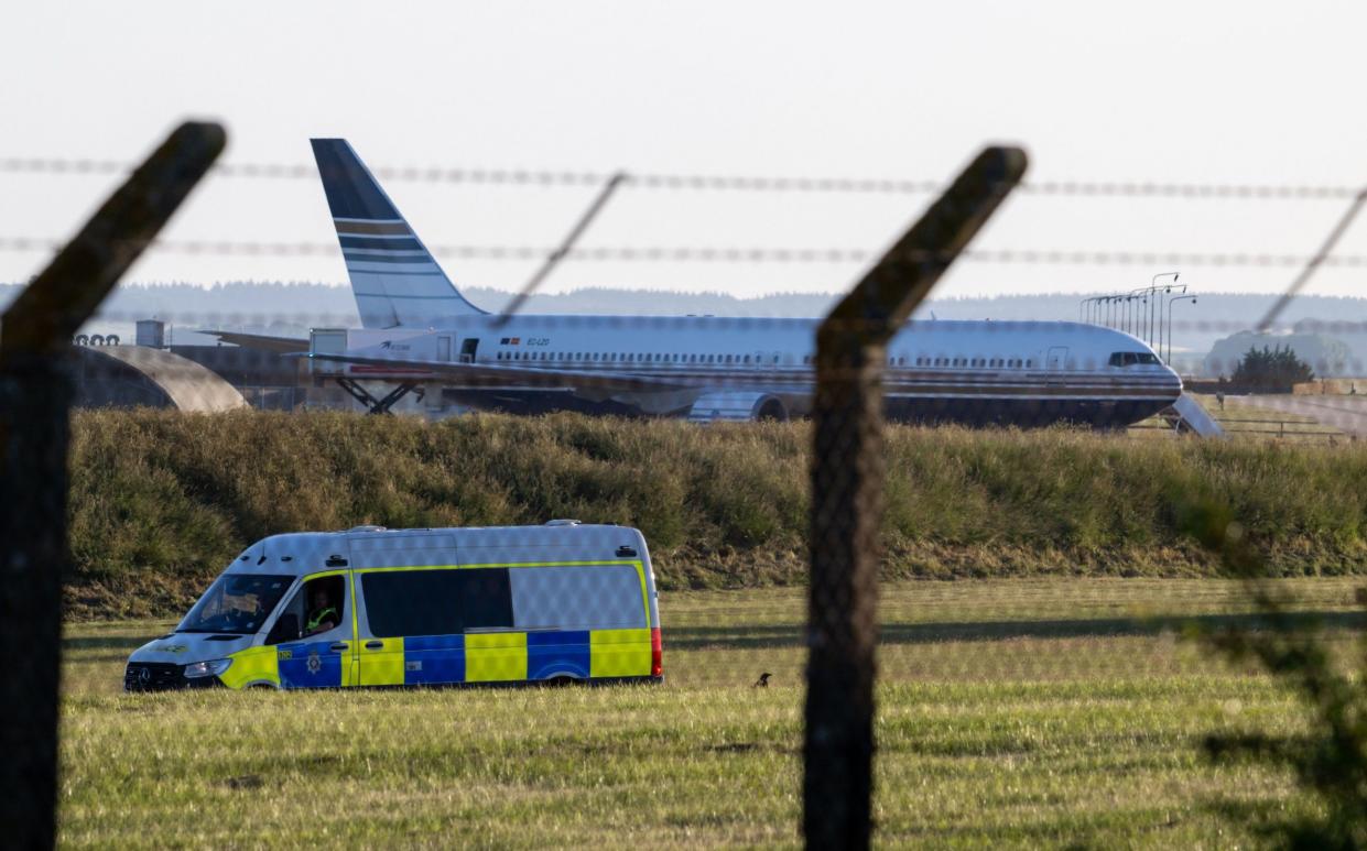 Rwanda deportation flight EC-LZO Boeing 767 at Boscombe Down Air Base, on June 14, 2022