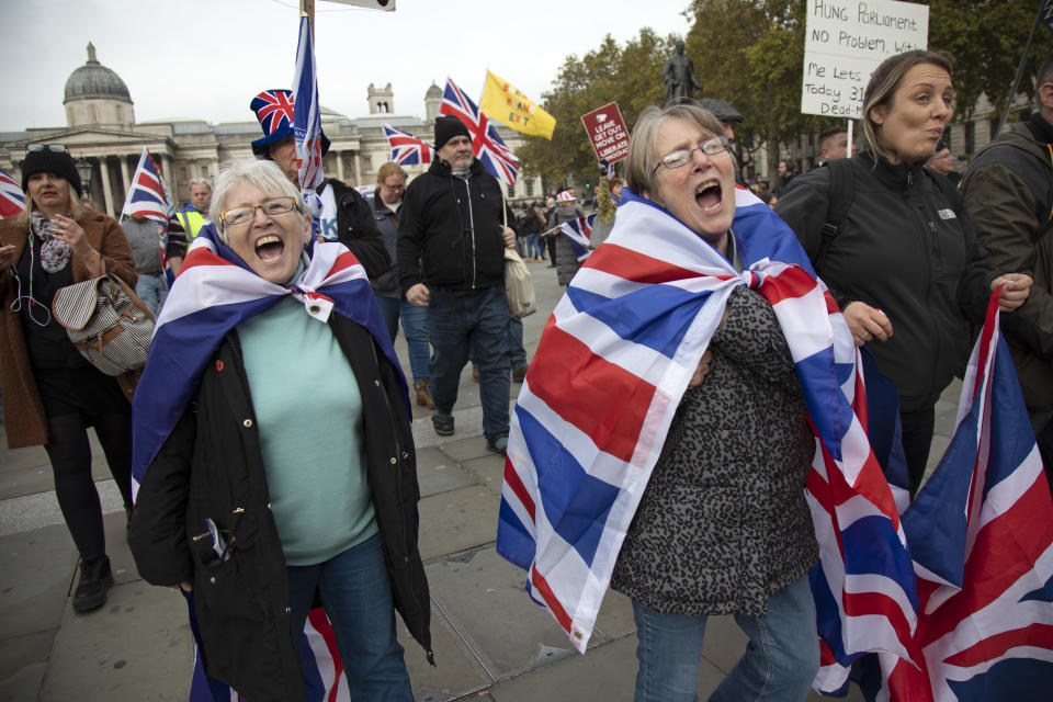 Pro Brexit anti European Union Leave protesters demonstrating in Westminster on what, prior to another Brexit Day extension, would have been the day the UK was scheduled to leave the EU, and instead political parties commence campaigning for a General Election on 31st October 2019 in London, England, United Kingdom. Brexit is the scheduled withdrawal of the United Kingdom from the European Union. Following a June 2016 referendum, in which 51.9% of participating voters voted to leave. (photo by Mike Kemp/In Pictures via Getty Images)