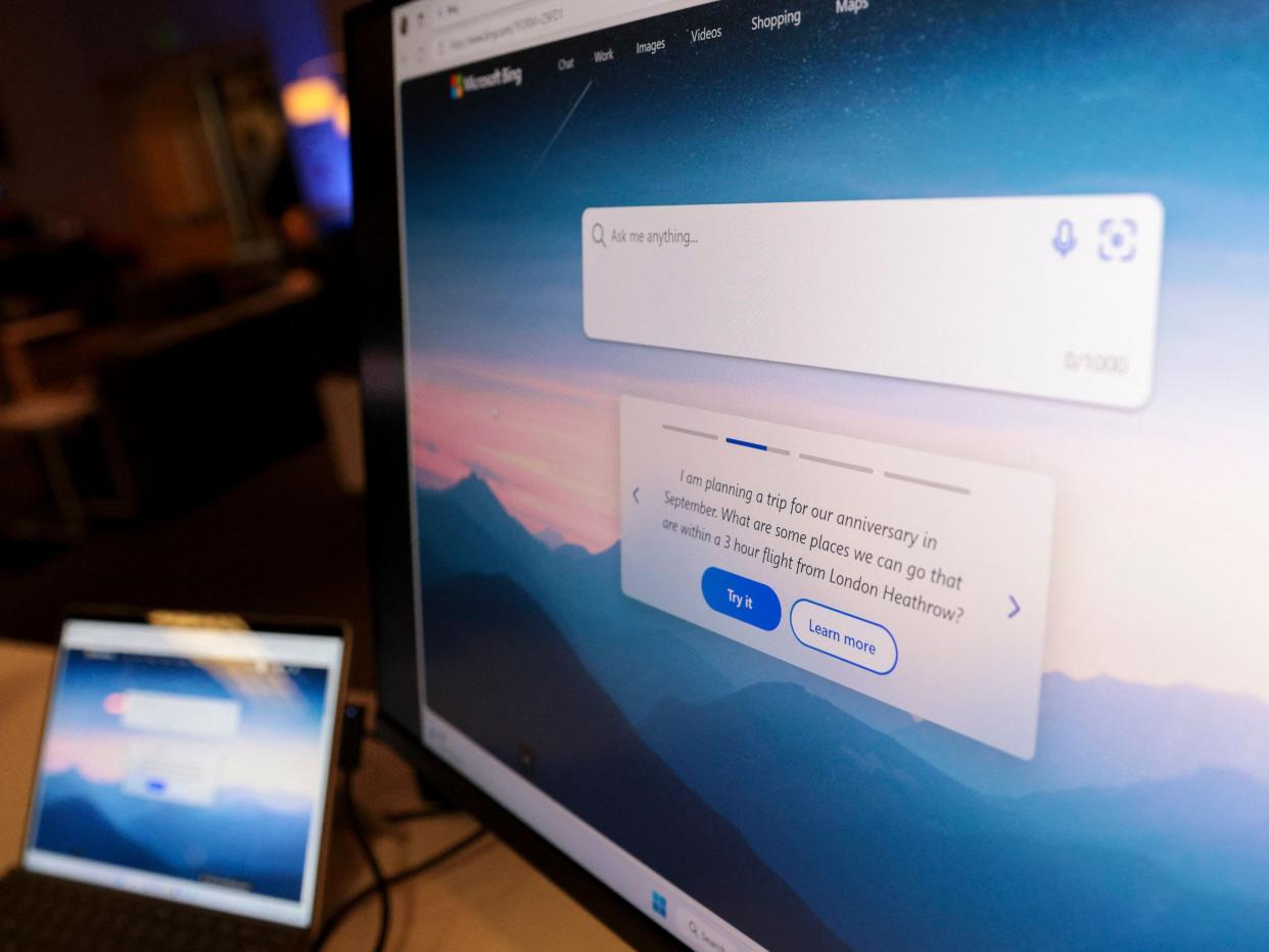 Microsoft Bing search engine in pictured on a monitor in the Bing Experience Lounge during an event introducing a new AI-powered Microsoft Bing and Edge at Microsoft in Redmond, Washington on February 7, 2023.