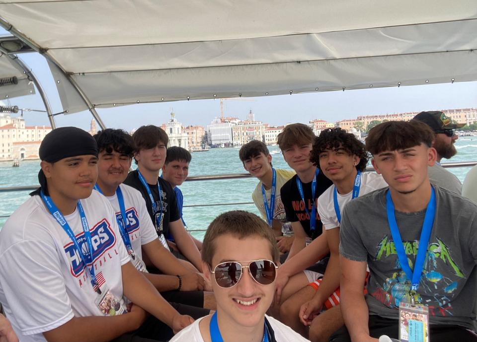 Horseheads High School's Thomas White and Jack Starbuck joined Elmira Notre Dame's Finn Schweizer and the rest of the PhD Hoops USA under-16 team on a ferry in the Grand Canal of Venice as part of a trip highlighted by a gold medal at the United World Games in Austria in June of 2023.