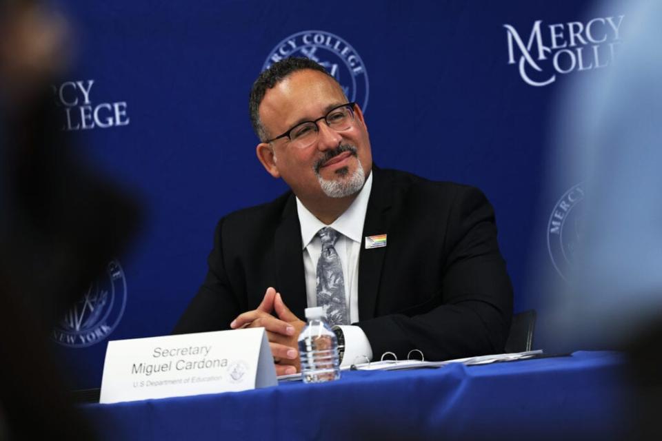 U.S. Secretary of Education Miguel Cardona listens to a speaker during a roundtable discussion at Mercy College on June 14, 2021 in the Pelham Bay neighborhood of the Bronx borough in New York City. (Photo by Michael M. Santiago/Getty Images)