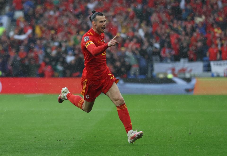 ...Gareth Bale celebrates putting Wales in front (Action Images)