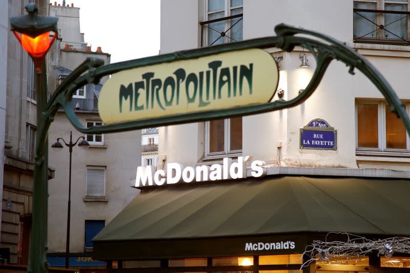 FILE PHOTO: A McDonalds fast food restaurant is seen near the entrance of a Metro station in Paris