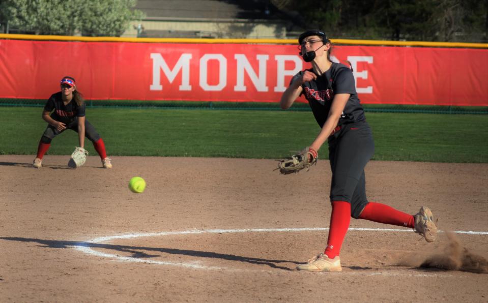 Maddie Henegar pitches for Bedford in a doubleheader against Monroe on Monday, May 9, 2022.