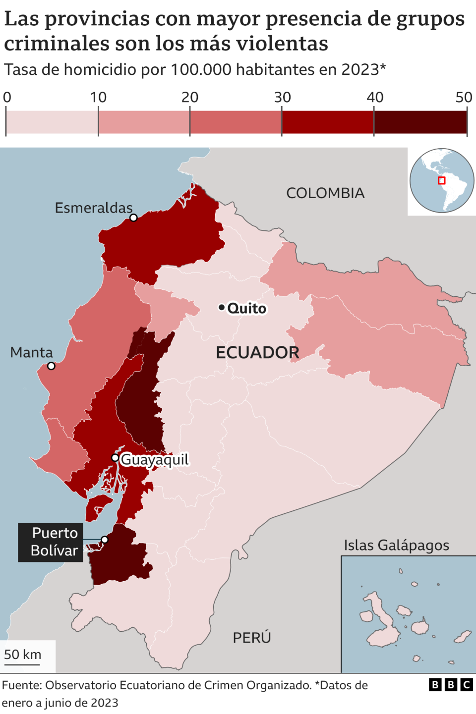 Gráfico sobre las provincias con más homicidios en Ecuador.