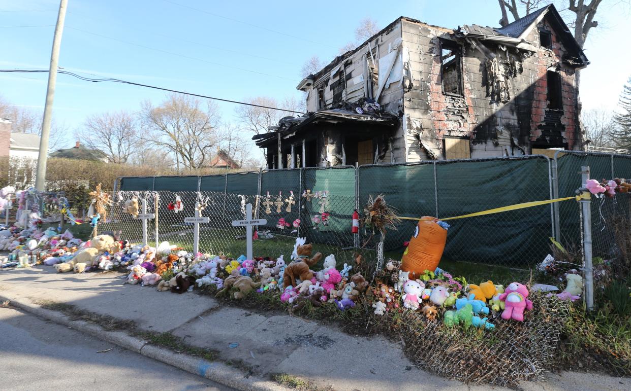 The memorials remain Friday, March 29, 2024, at 222 N. LaPorte Ave. at the site of a house fire on Jan. 21 that resulted in the deaths of six children.