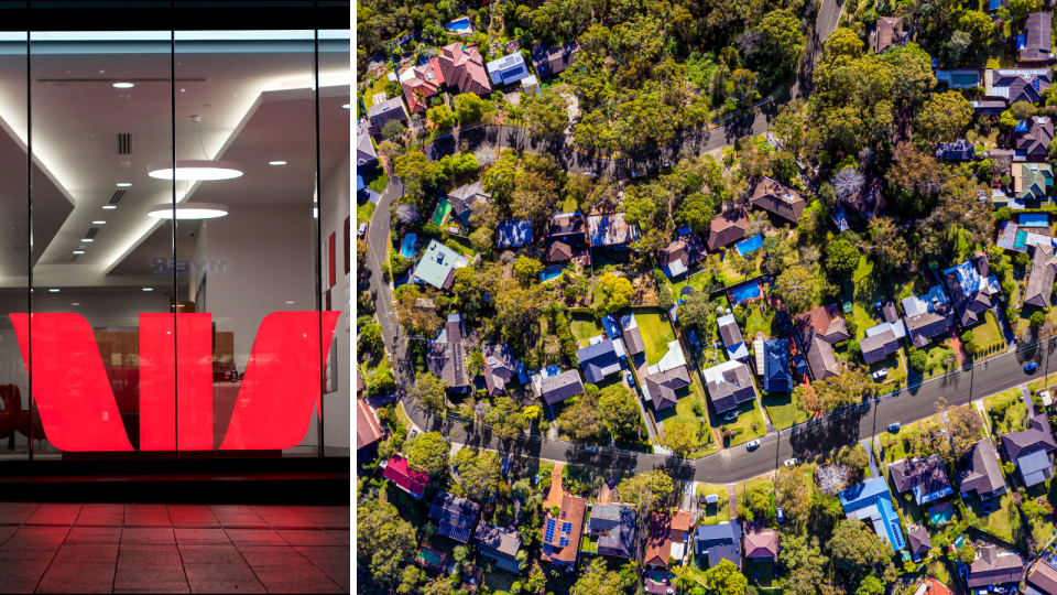 The Westpac logo on the exterior of a branch and an aerial view of an Australian suburb.