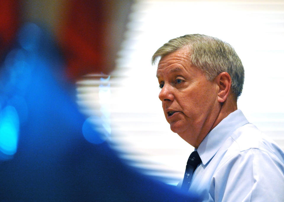 Sen. Lindsey Graham speaks during a campaign stop at American Legion Post 20 on Wednesday, April 23, 2014, in Greenwood, S.C. (AP Photo/Rainier Ehrhardt)