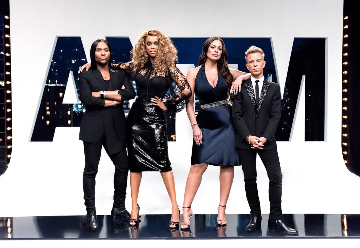 The new season of <em>America’s Next Top Model</em> welcomes back its original host and show creator, Tyra Banks. To Banks’s left, celebrity stylist Law Roach; to her right, model-entrepreneur Ashley Graham and <em>Paper</em> magazine creative director Drew Elliott. (Photo: VH1)