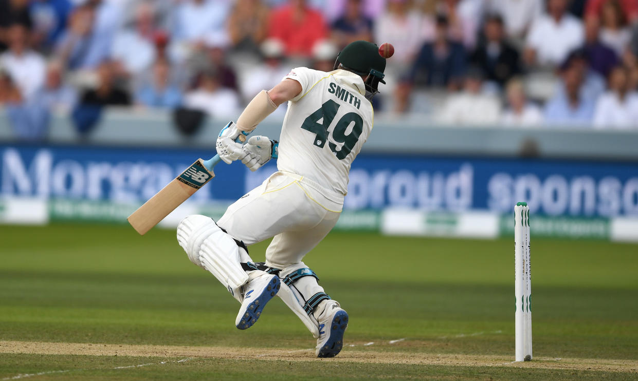 Steven Smith is hit in the head by a ball from Jofra Archer of England during day four of the 2nd Ashes Test at Lord's. (Photo by Gareth Copley/Getty Images)