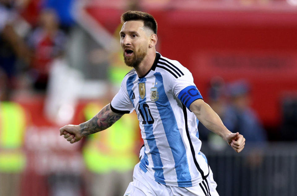 Lionel Messi #10 of Argentina celebrates his goal in the second half against Jamaica at Red Bull Arena on September 27, 2022 in Harrison, New Jersey. Argentina defeated Jamaica 3-0.