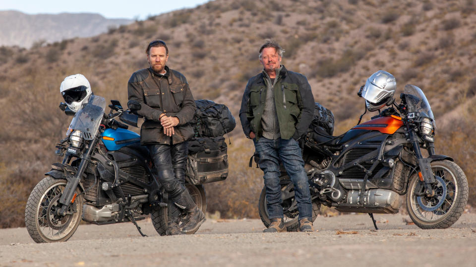 Ewan McGregor and Charley Boorman get on their bikes in 'Long Way Up'. (Credit: Apple TV+)