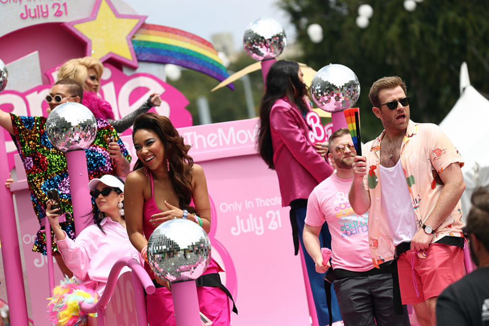 Lolita Colby, Hina, Jazzmyne Jay, Alexandra Shipp and Scott Evans attend the BARBIE Float at WeHo Pride Parade on June 04, 2023 in West Hollywood, California.