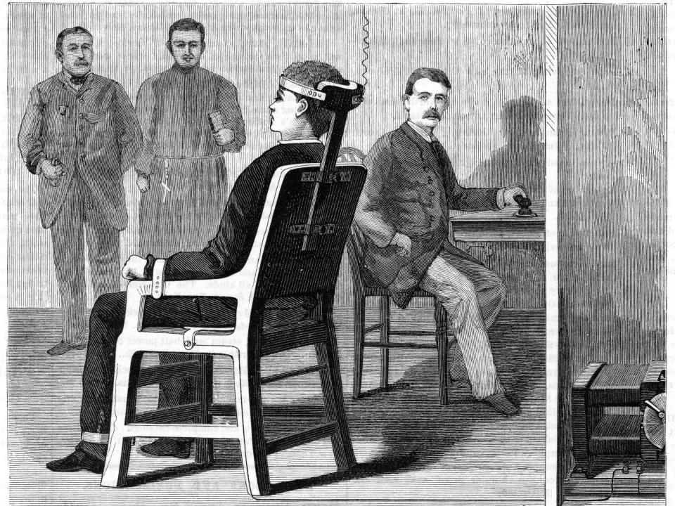 Artist's impression of execution by electric chair, 1890. After experiments on animals to ensure the practicability of electrocution as method of execution, the first execution was carried out at Auburn Prison, New York, 6 August 1890 using a Westinghouse AC system. The man executed was William Kemmler, convicted of murdering his common-law wife.