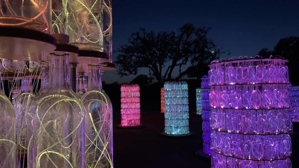 The newest attraction at the Sensorio Field of Light in Paso Robles is called Light Towers, a display of 69 columns assembled from 17,388 bottles illuminated by fiberoptic threads that gradually change colors. Each tower has 252 bottles.