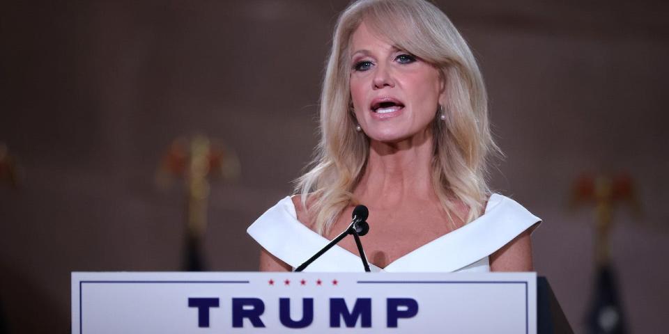 White House Counselor to the President Kellyanne Conway pre-records her address to the Republican National Convention from inside an empty Mellon Auditorium August 26, 2020 in Washington, DC.