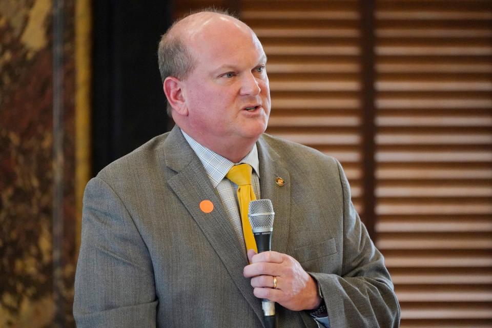 Sen. Brice Wiggins, R-Pascagoula, questions Senate Corrections Committee Vice Chairman Daniel Sparks, R-Belmont, on specifics of a conference report in the Senate Chamber at the Capitol in Jackson on Tuesday, March 30, 2021.